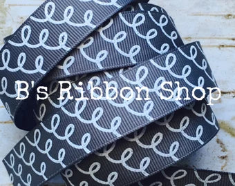 7/8" White glitter Squiggles on Charcoal USDR grosgrain ribbon