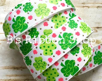 7/8" Shamrock Doodles on White USDR grosgrain ribbon St Patricks Day